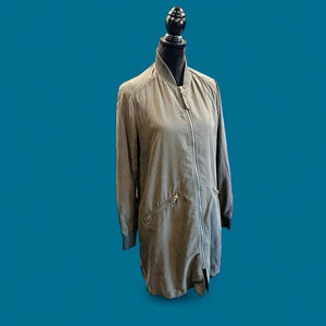 Gorpcore Utility H&M Women’s Olive Green Long Bomber Jacket Zip Front Coat 12